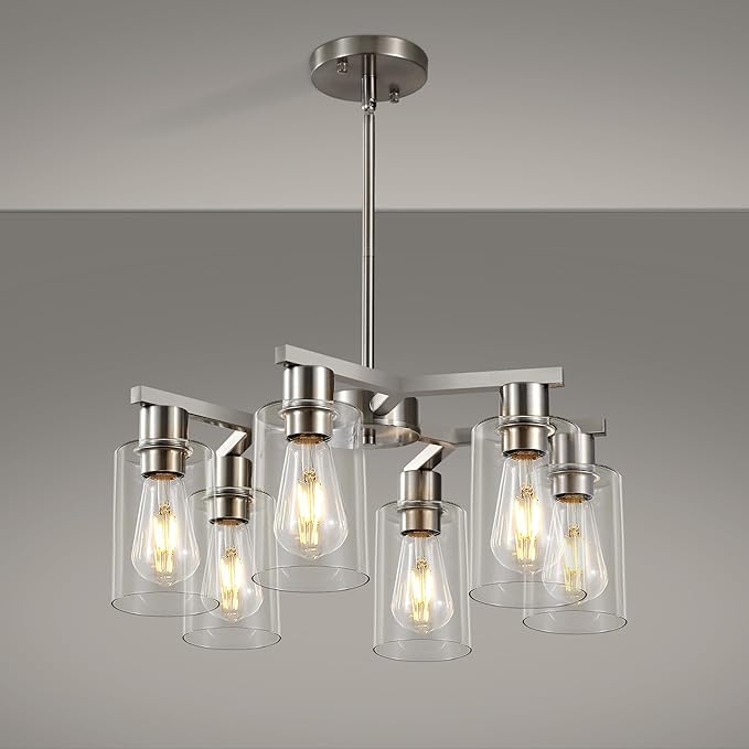 6-Light Farmhouse Brushed Nickel Chandelier,Modern Chandeliers for Dining Room Light Fixture Over Table,Adjustable Hanging Industrial Rustic Pendant Lights Kitchen Island Light with Clear Glass Shade