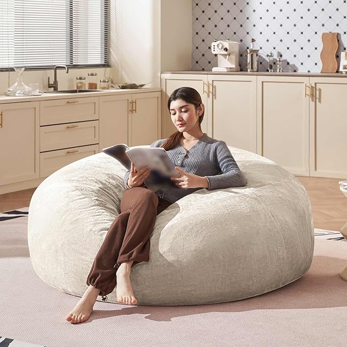 Bean Bag Chair 6Ft, Memory Foam Filled, Large Beanbag Chairs for Adults and Teens, Soft Sofa with Removable Flannel Cover, Round Couch for Living Room Bedroom College Dorm (Apricot, 6FT-67×67"×24")