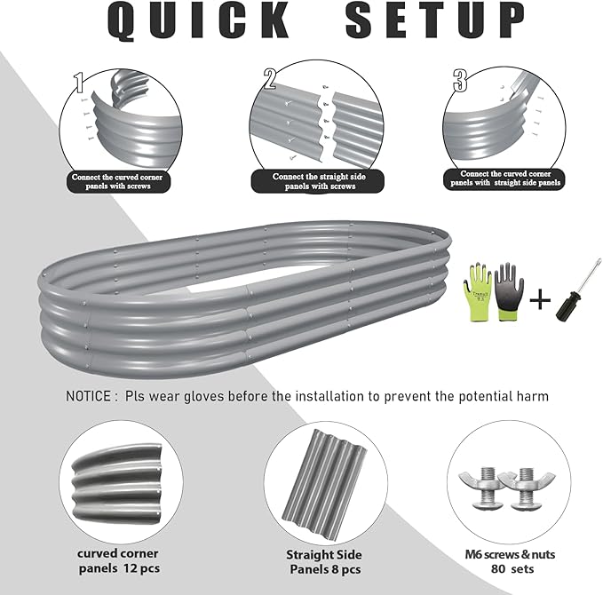 2 Pack 6x3x1FT Galvanized Raised Garden Bed Kit Oval Metal Ground Planter Box Outdoor Bottomless Planter Raised Beds for Vegetables Flowers Herbs Fruits, Gray