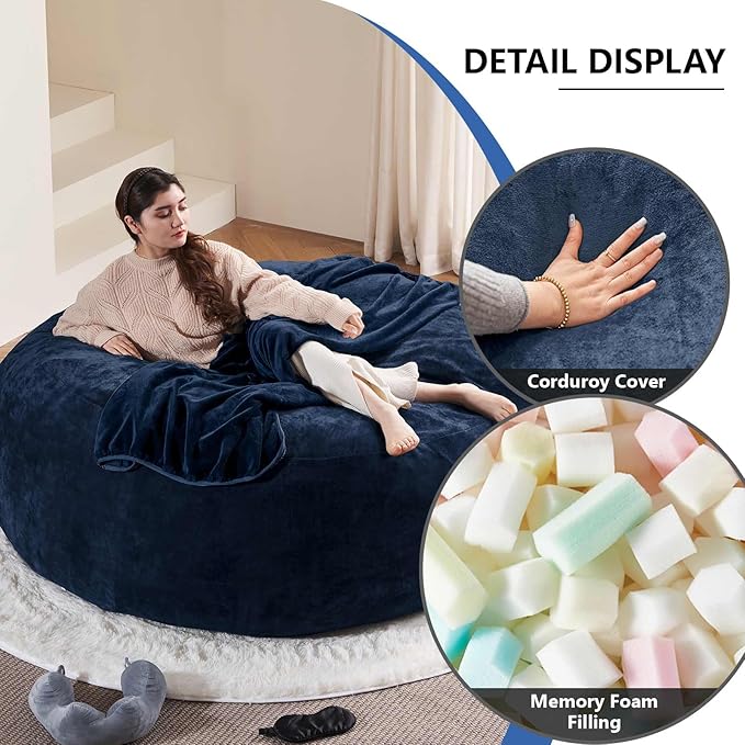 6FT,Oversized Bean Bag Chairs for Adults,Giant beanbag with Filler Included,Fluffy Memory Foam,Soft and Comfy Corduroy Fabric,Gaming Chairs Suitable for Living Room and Bedroom (Blue, 6 Foot)