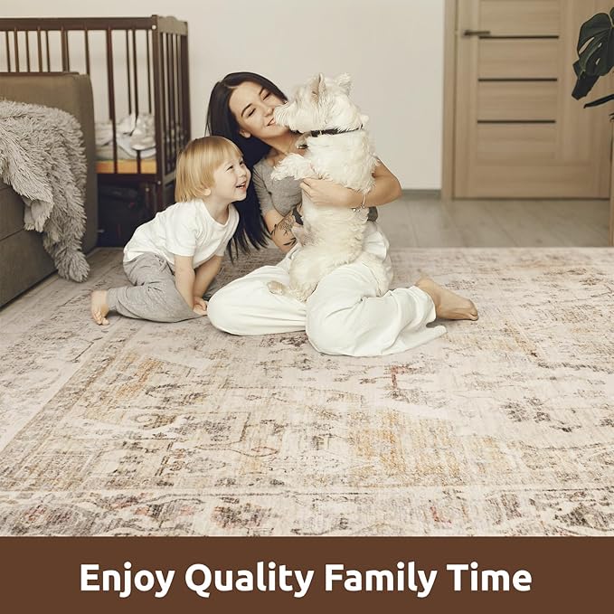 AMOAMI-Area Rug 9X12 Rugs for Living Room-Vintage Soft Beige Rugs for Bedroom-Non Slip Carpet-Washable Rug for Dining Room Living Room Bedroom Office Under Table