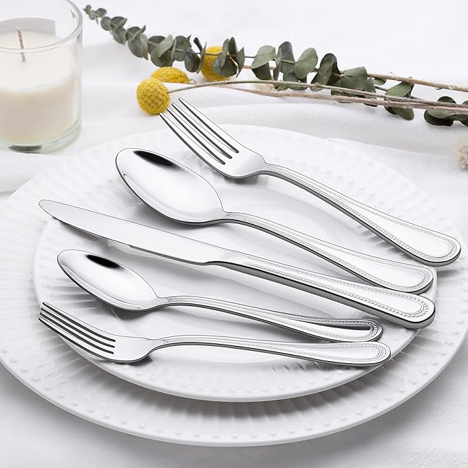 40 Piece Silverware Set for 8, Terlulu Stainless Steel Flatware Set, Mirror Polished Cutlery Set Utensil Set, Tableware Include Forks Spoons Knives for Home Restaurant, Beaded Handle, Dishwasher Safe