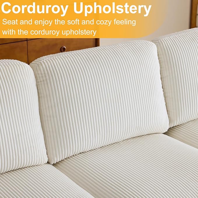 Karl home U-Shape Sectional Sofa Couch 111" Modern 4-Seat Sofa with Chaises Corduroy Fabric Upholstered Covertible Couch with Wood Grain Legs for Living Room, Reception Room, Apartment, Beige