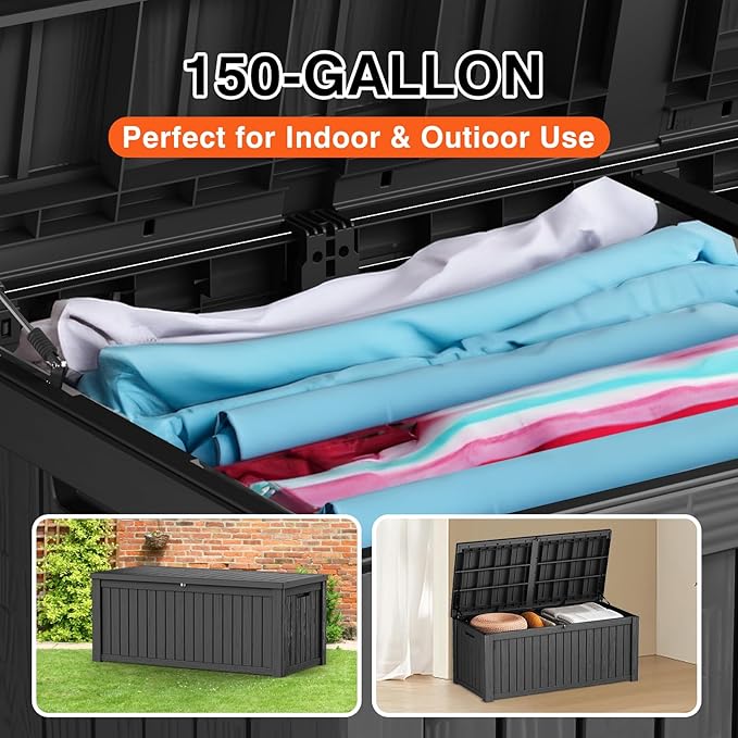 150 Gallon Outdoor Storage Cabinet, Large Outdoor Storage Box for Patio Furniture Covers, Cushion Pillows, Waterproof Deck Box with Lockable Lid for Garden Tools, Pool Accessories, Black