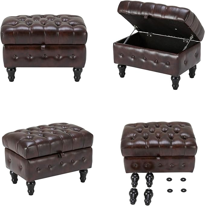 Artechworks Coffee Table Ottoman with Storage,Button Tufted PU Leather Upholstery Footstool Bed Ottoman for Living Room, Home Office, Space-Saving Storage Toy Box Stool, Brown