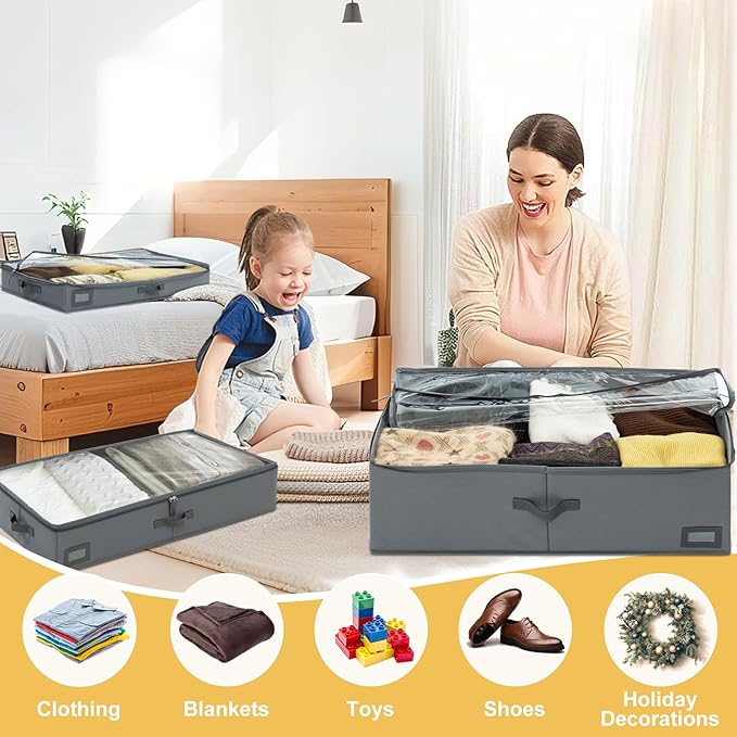 4-Inch Under Bed Storage Containers, Low Profile UnderBed Storage Organizer, Under Crib/Couch Storage Box for Seasonal Clothing, Sweaters, Shoes, Blankets, Wrapping Paper, Sheets & Toys 33"L×17"W×4"H