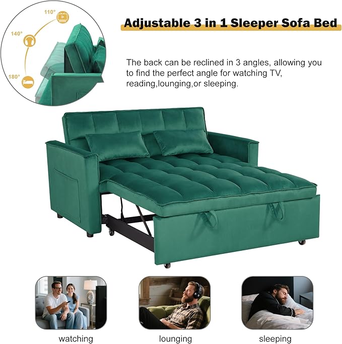 3 in 1 Sleeper Sofa Bed, Futon Sofa Bed for Living Room with Side Pocket, Green Sleepers Sofas Couch with Pullout Beds, Convertible Love Seat Sleepers Couch for Living Room, Bedroom