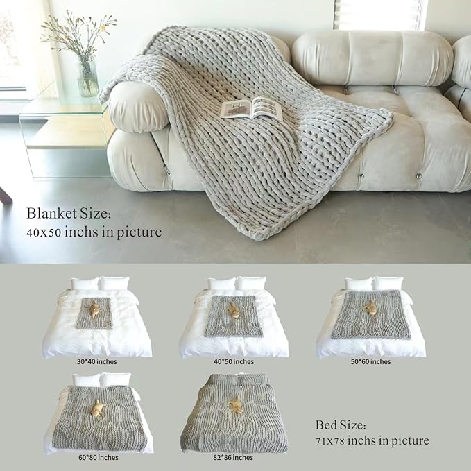 Maetoow Chenille Chunky Knit Blanket Throw (40×50 Inch), Handmade Warm & Cozy Blanket Couch, Bed, Home Decor, Soft Breathable Fleece Banket, Christmas Thick and Giant Yarn Throws, Cream