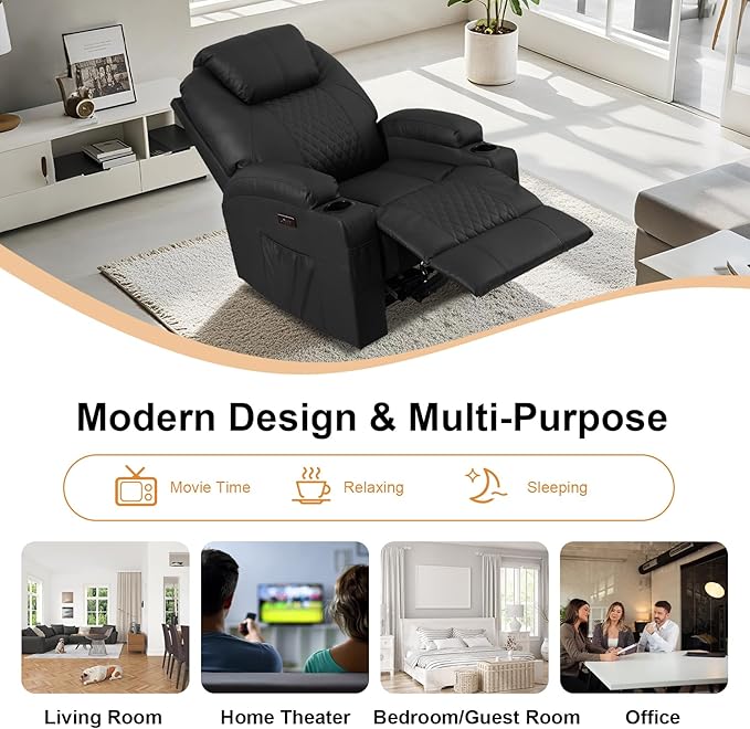 AHMED Power Recliner Chair with Vibration Massage & Heat for Adults, Faux Leather Home Theater Seating with Cup Holders/LED Lights/USB Ports/Side Pockets for Living Room, Black