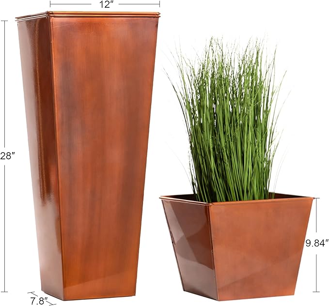 28in Tall Metal Copper Square Planter Galvanized Steel Metal Planters for Outdoor/Indoor/Patio Deck Garden Entrance Planter