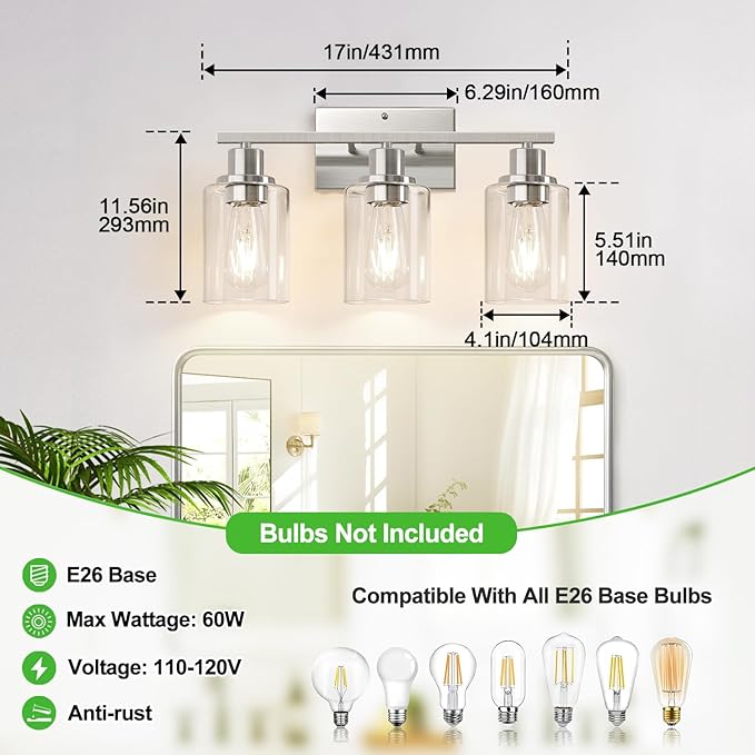3-Light Bathroom Light Fixtures, Brushed Nickel Vanity Lights with Clear Glass Shades, Modern Bathroom Wall Lamp for Mirror Living Room Cabinet Bedroom Porch