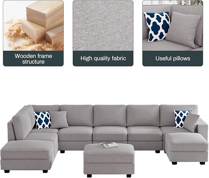 L Lengend Vansen Modular Sectional Sofa U Shaped Couch with Ottoman Modern Reversible Corner Sectional Couch for Living Room (Light Grey, U Shaped Sofa-4)
