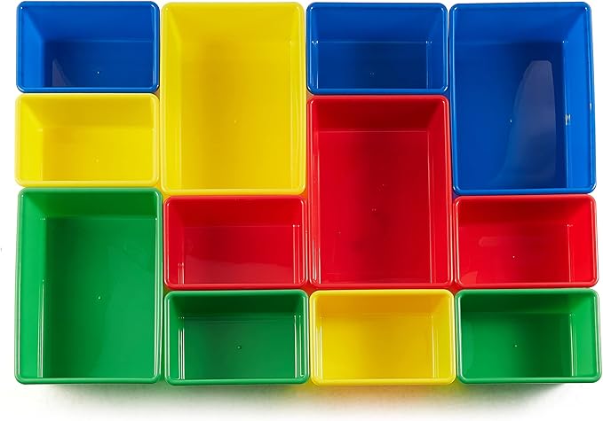 Amazon Basics Kids Toy Storage Organizer With 12 Plastic Bins, Natural Wood With Bright Bins, 10.9" D x 33.6" W x 31.1" H