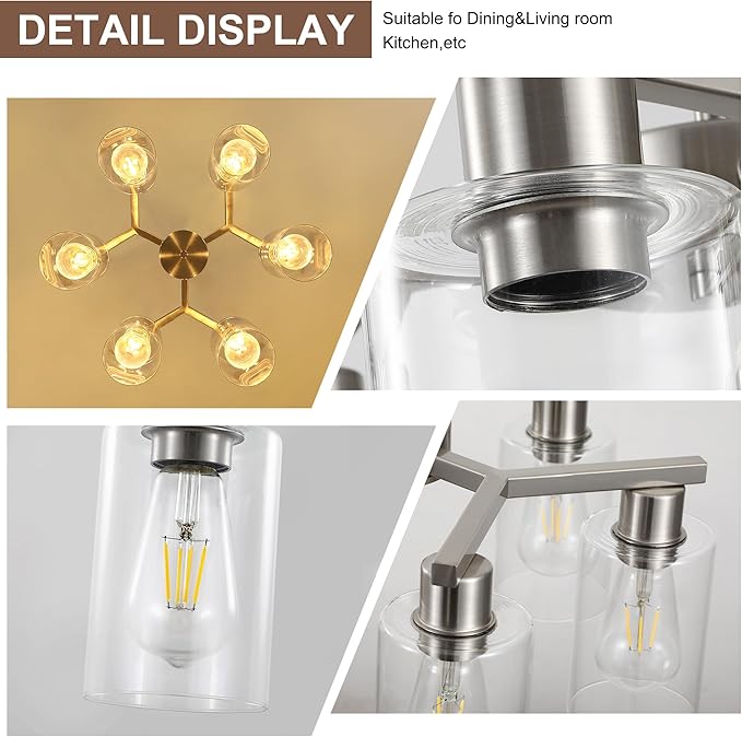 6-Light Modern Farmhouse Brushed Nickel Chandelier, Dining Room Light Fixture Over Table Adjustable Height Hanging Industrial Pendant Lights Kitchen Island, Clear Glass Shade