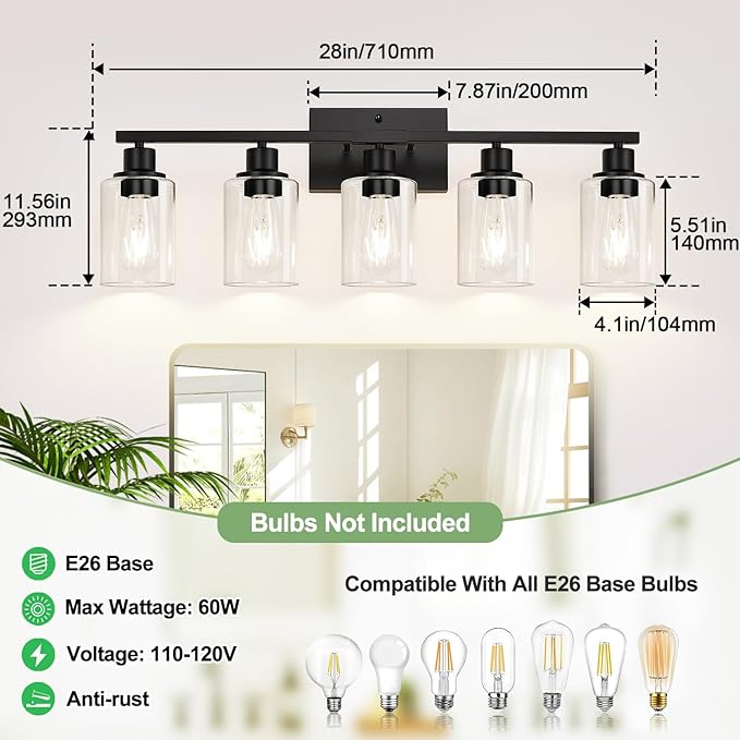5-Light Bathroom Light Fixtures, Matte Black Modern Vanity Lights with Clear Glass Shades, Bathroom Vanity Light for Mirror Living Room Cabinet Bedroom Porch