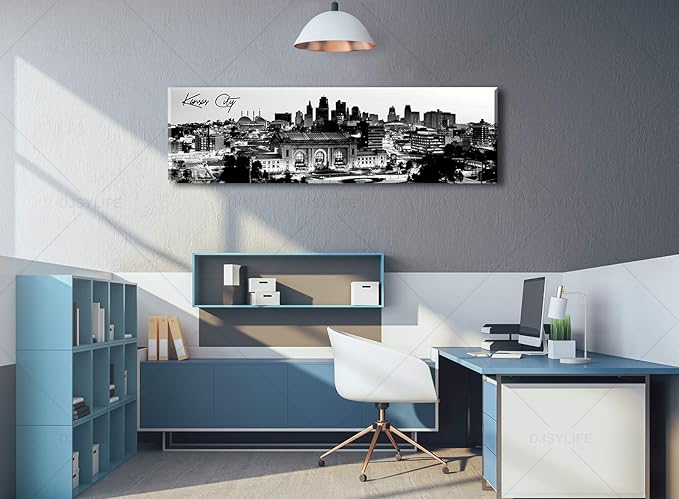 Pictures for Bedroom Black and White Wall Art Kansas City Panoramic Cityscape Skyline Canvas Art Prints for Living Room Office Home Decor Framed and Ready to Hang 13.8"x47.3"