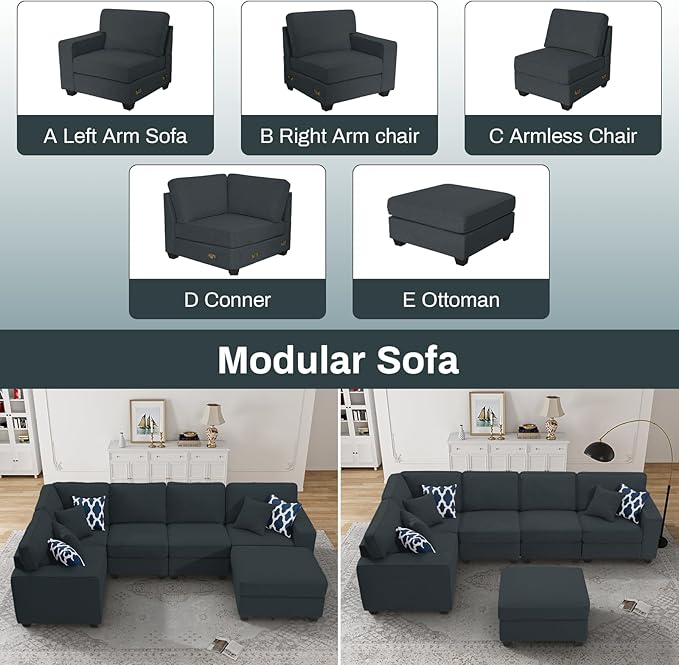 L Lengend Vansen Modular Sectional Sofa U Shaped Couch with Ottoman Modern Reversible Corner Sectional Couch for Living Room (Charcoal, U Shaped Sofa-1)
