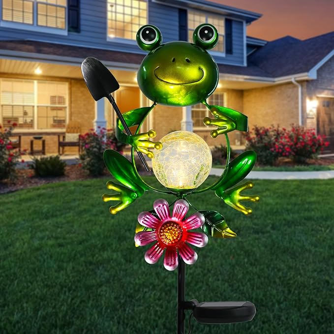Afirst Solar Lights Outdoor Decorative Metal Frog Crackle Glass Globe Warm White LED Metal Waterproof Garden Stake Lights for Walkway Pathway Lawn Patio Yard Decorations