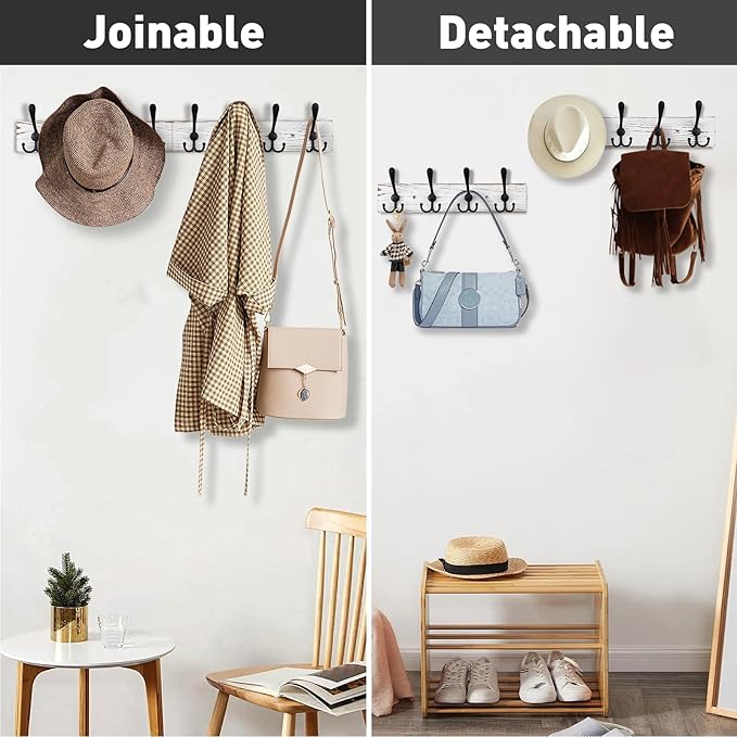 32.2'' Large Coat Rack Wall Mount Coat Hooks with 8 Metal Black Triple-Hooks Old White Pine Real Wood Plank Hat Rack for Wall Hooks