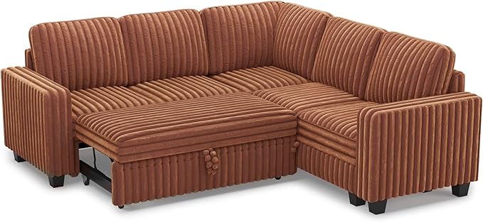 Belffin Plush Corduroy Modular Sectional Sofa with Pull Out Bed Convertible Small Sectional Corner Couch for Living Room Brick Red Couch