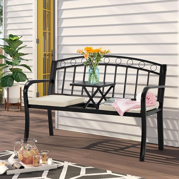 AVAWING Outdoor Metal Garden Bench, 2-Seat Patio Porch Bench with Steel Frame, Park Bench w/Pullout Middle Table& Cushion for Backyard Lawn Deck Entryway, Black