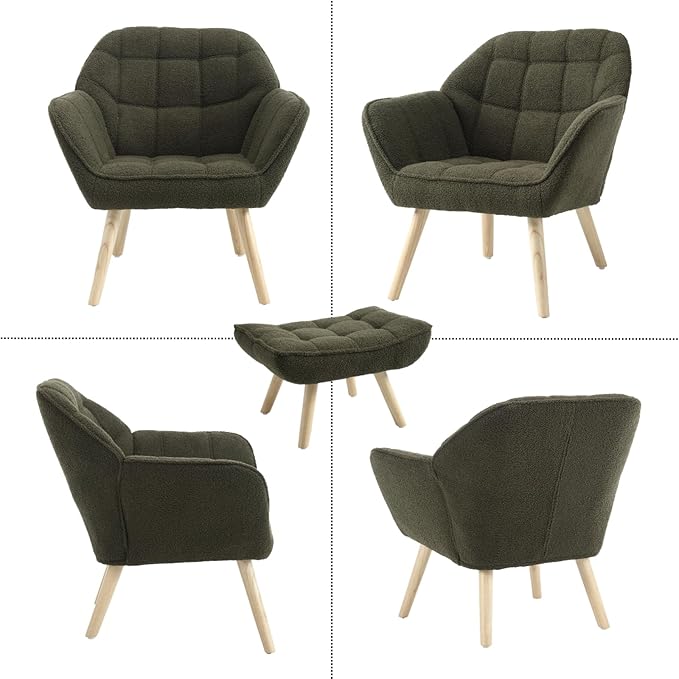 Modern Sherpa Accent Chair with Ottoman, Fluffy Upholstered Lounge Chair with Footrest, Comfy Living Room Side Boucle Armchair for Small Space Bedroom Apartment, Green