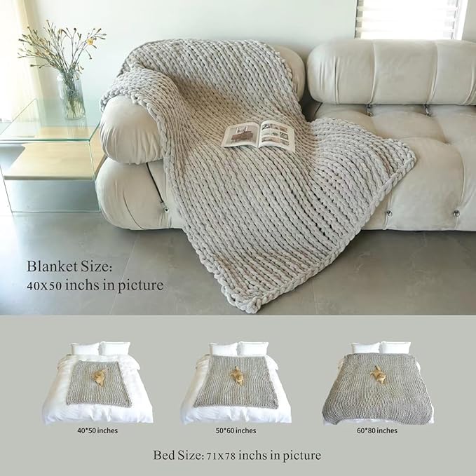 Maetoow Tighter Version Chenille Chunky Knit Blanket Throw (40×50 Inch), Handmade Warm & Cozy Blanket Couch, Bed, Home Decor, Soft Fleece Banket, Boho Thick Blankets and Giant Yarn Throws,Light Grey