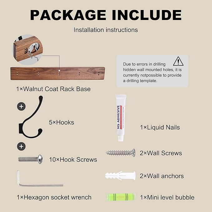 17.3" Small Wooden Coat Rack Wall Mount with 5 Hooks, Entryway Wall Hooks Coat Hanger for Hanging Towel Jacket Clothes Hat Backpack Shoe Purse Key Holder Multi Hook Rail by Black Walnut Wood