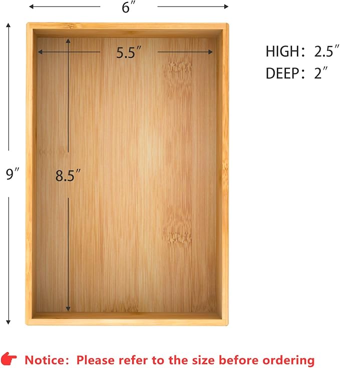 Bamboo Kitchen Drawer Organizer, Wooden Storage Box for Utensil Organizer Silverware Tray Cutlery Holder Flatware Containers - Multi-Use Deep Drawer Dividers Organizer for Bathroom, Jewelry (9"6"2.5")