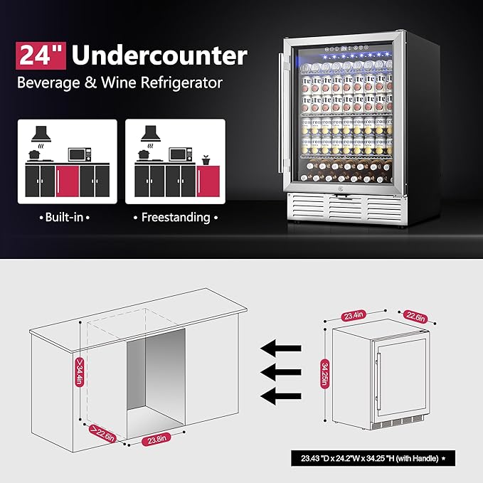 24 Inch Beverage Refrigerator, Beverage Cooler 180 Can Built-in Design, Under Counter Beer Fridge with Glass Door for Soda, Wine, Water - For Kitchen, Office or Bar