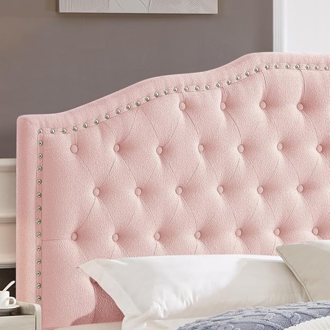 24KF Upholstered Button Tufted Queen Headboard with Nailhead Trim, Elegant Boucle Fabric Full headboard, 6031-Q-Boucle-Pink
