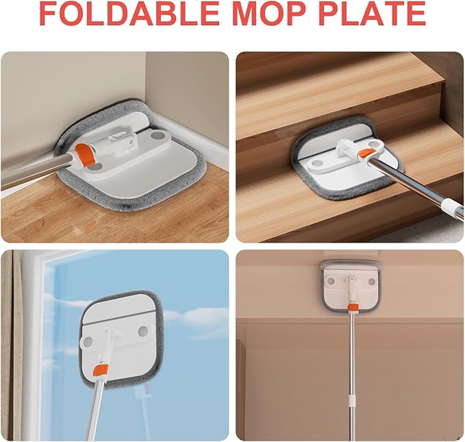 Mop and Bucket Set, Spin Mop with Self Seperates Dirty Water System, Square Mops for Floor Cleaning, 360 Rotating Foldable Standing Mop Head, Versatile Mops for Walls (Mop Bucket with 2 Pads)