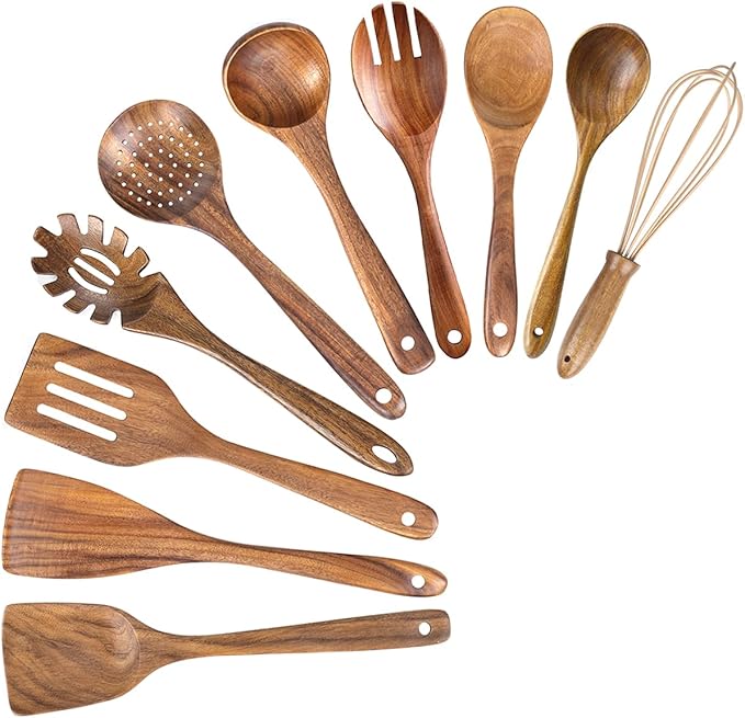 AIUHI 10 Pack Wooden Spoons for Cooking, Teak Wood Kitchen Utensils Set for Non Stick Use, Spatula Set for Stirring, Baking, Non Stick Wooden Utensils for Kitchen