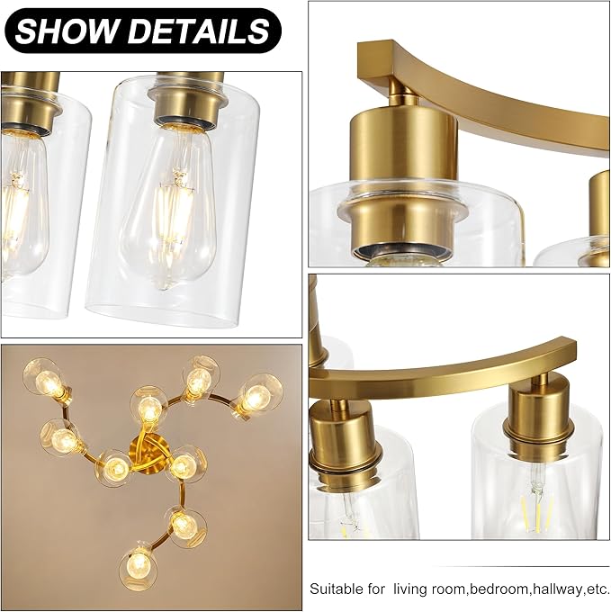 9-Light Gold Glass Chandelier, Adjustable Height Dining Room Light Fixtures Over Table, Contemporary Hanging Chandelier for Kitchen Island Living Room Foyer Office, Clear Glass Shade