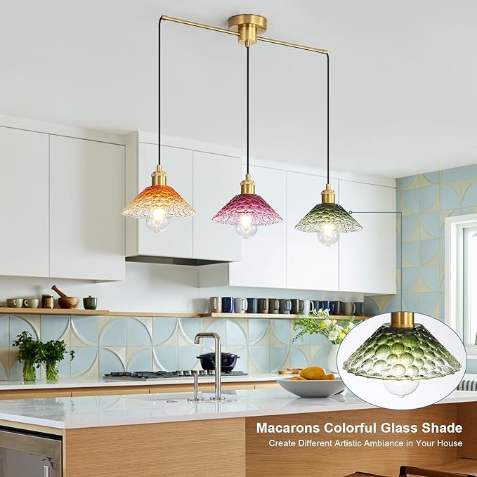 3-Light Pendant Lights Kitchen Island, Ceiling Hanging Lighting Fixtures, Colorful Vintage Glass Shade Pendants, Modern Gold Dining Room Chandeliers Height Adjustable for Farmhouse Living Room