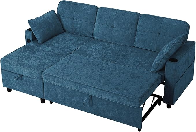 84 Inches Chenille Sectional Sofa w/Pull-Out Sofa Bed & Adjustable Back, Tufted L-Shaped Couch w/Storage Chaise, Sleeper Sectional Sofa w/USB Port & Cup Holders for Living Room, Blue