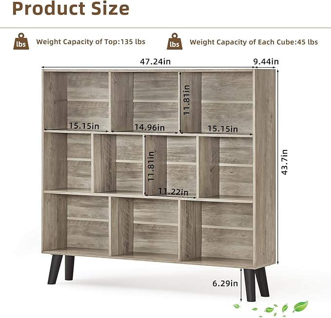 LEYAOYAO 10 Cube Bookshelf,3 Tier Modern Wide Bookcase with Legs,Mid-Century Wood Bookshelves Storage,Retro Grey Large Book Case,Freestanding Organizer Display Shelf for Bedroom,Living Room,Office