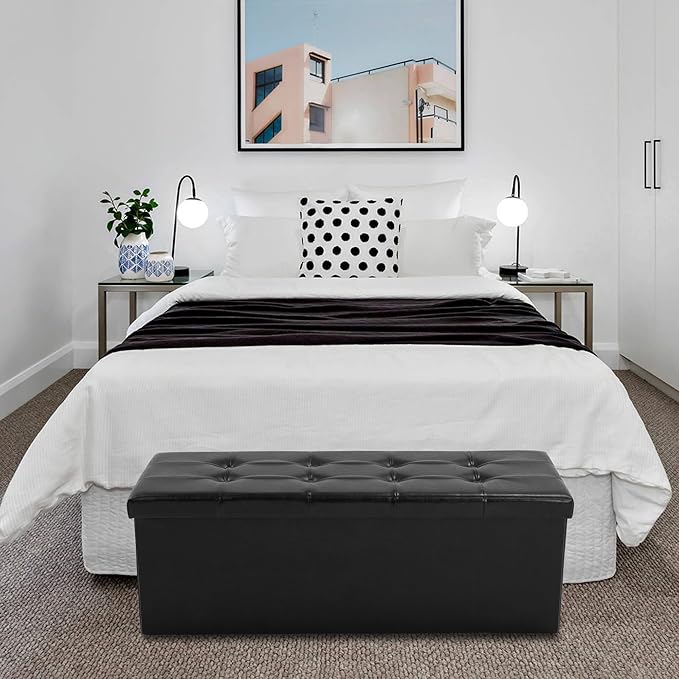 43 Inches Folding Storage Ottoman Bench, PU Leather Storage Chest, Footrest Padded Seat for Bedroom and Hallway, Holds up to 660 lbs, Black