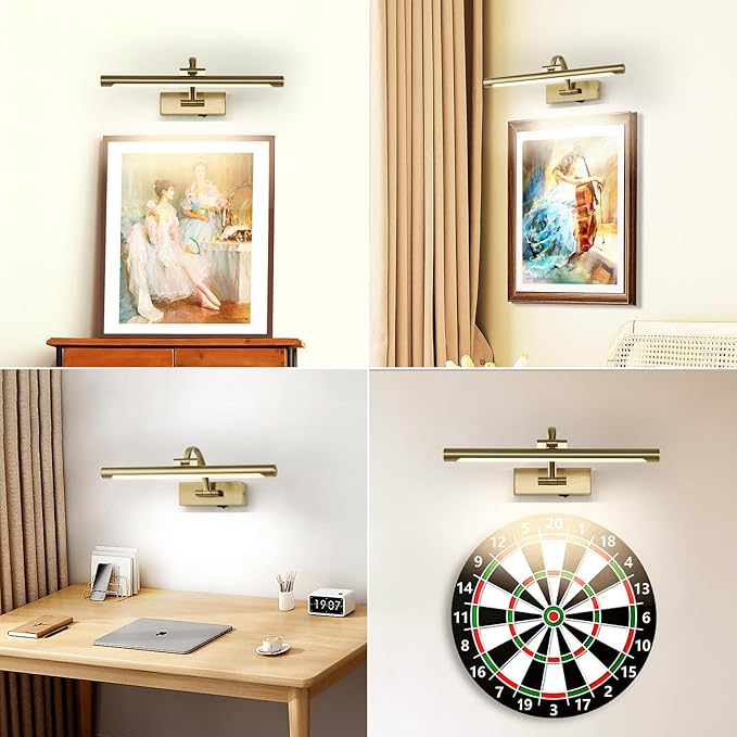 Battery Operated Picture Light with Remote and Timer, Wireless Art Lights for Paintings Brass Rechargeable Gallery Light Dimmable Artwork Lighting for Canvas, Portrait 16'' Inch Warm White