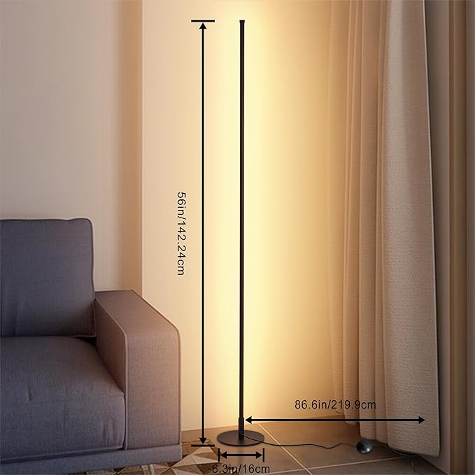 Modern Floor Lamps for Living Room, 56" LED Black Corner Lights with Remote, Dimmable, Floor Standing Lamp for Bedroom Home Office