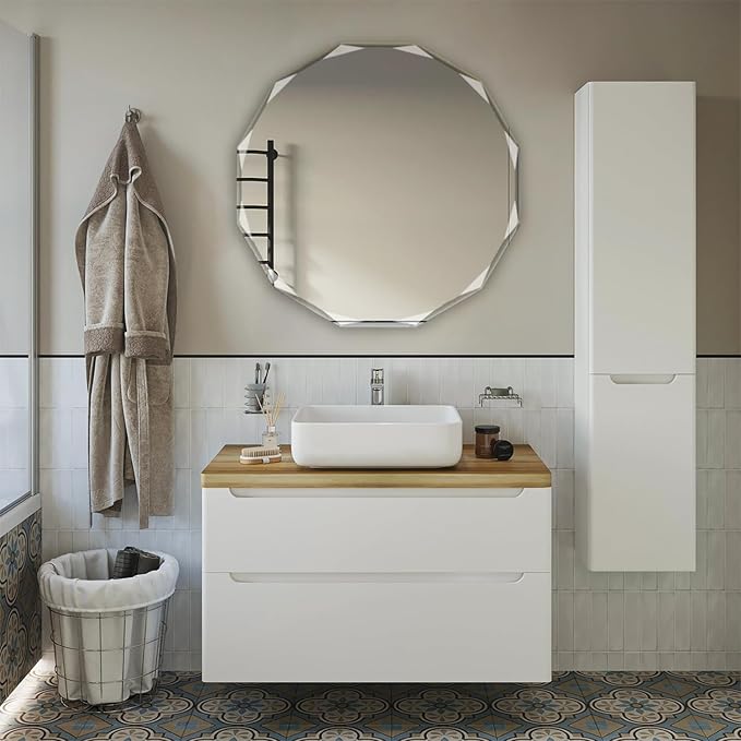 Single Beveled Edge Circle Mirror Frameless Wall Mount Bathroom Vanity Mirror, 30”