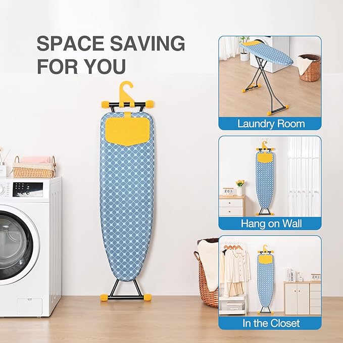 APEXCHASER Ironing Board with Iron Rest, Compact and Space Saver Iron Board, Extra Thick Cover, Height Adjustable, Wall Mount & Closet Hanger 13x43 Yellow
