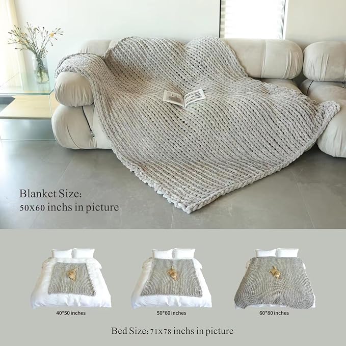 Maetoow Tighter Version Chenille Chunky Knit Blanket Throw (50×60 Inch), Handmade Warm & Cozy Blanket Couch, Bed, Home Decor, Soft Fleece Banket, Boho Thick Blankets and Giant Yarn Throws,Light Grey