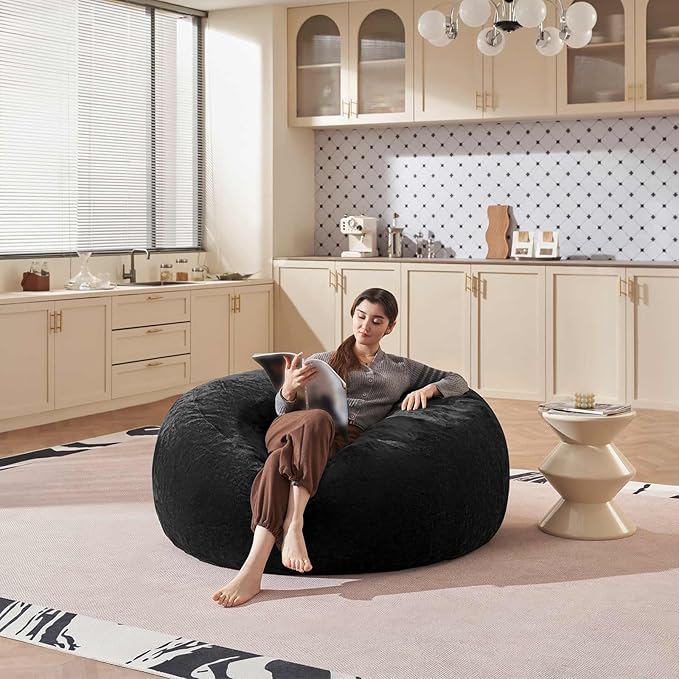 Bean Bag Chair 5Ft, Memory Foam Filled, Large Beanbag Chairs for Adults and Teens, Soft Sofa with Removable Flannel Cover, Round Couch for Living Room Bedroom College Dorm (Black, 5FT-60×60"×24")