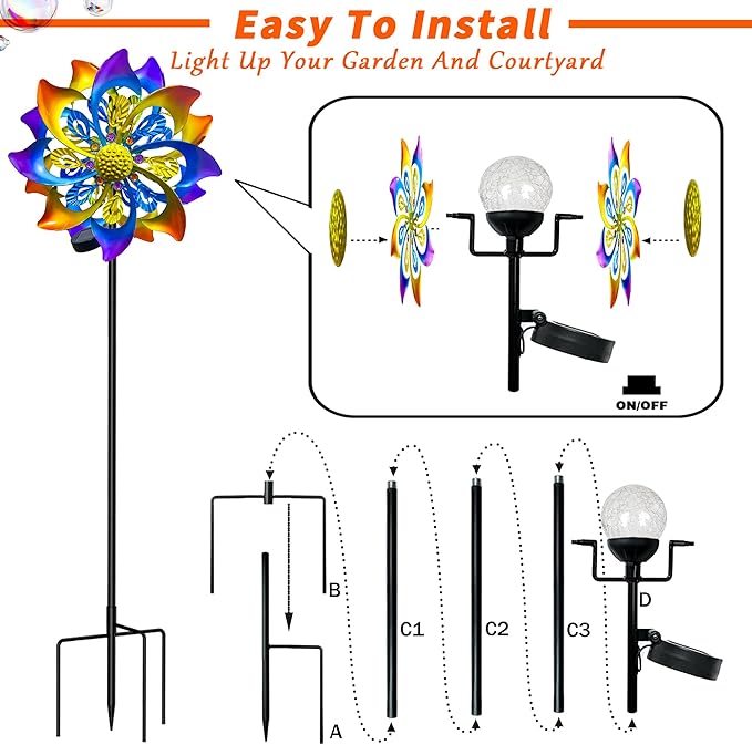 60 Inch Solar Wind Spinner Outdoor - Double-Sided Rotating Colorful Kinetic Wind Spinners for Garden, Yard Decorations Outdoor,Metal Wind Sculptures & Spinners, Wind Art