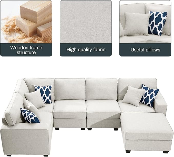 L Lengend Vansen Modular Sectional Sofa U Shaped Couch with Ottoman Modern Reversible Corner Sectional Couch for Living Room (Cream, U Shaped Sofa-1)