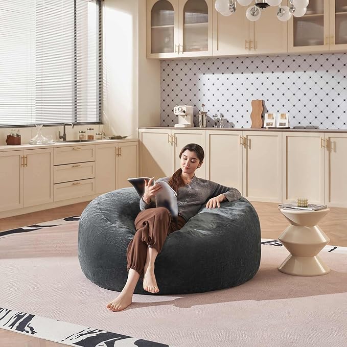 Bean Bag Chair 5Ft, Memory Foam Filled, Large Beanbag Chairs for Adults and Teens, Soft Sofa with Removable Flannel Cover, Round Couch for Living Room Bedroom College Dorm (Dark Gray, 5FT-60×60"×24")
