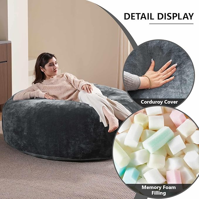 5FT,Big Bean Bag Chairs for Adults,Large beanbag with Filler Included,Memory Foam Material,Easy to Clean and Washable Corduroy Fabric,Suitable for Living Room and Bedroom (Dark Gray, 5 Foot)