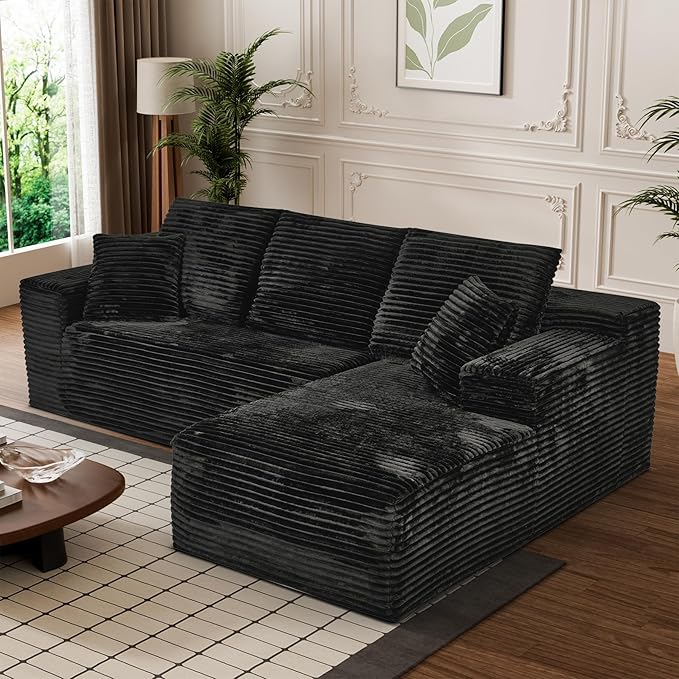 Modular Sectional Sofa Cloud Sectional Couch, 107" Comfy Fluffy L Shaped Black Couches for Living Room, Deep Seat Memory Foam Plush Corduroy Boneless Couch Sectionals with Right Facing Chaise Sofa