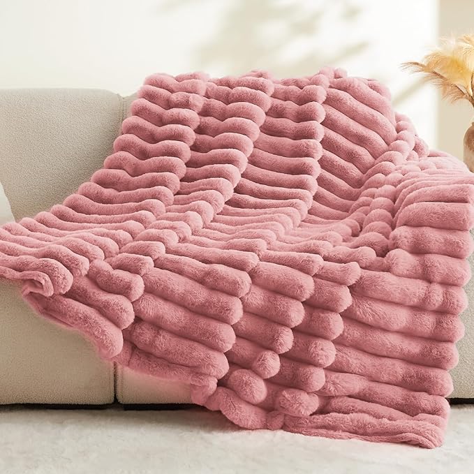 BEDELITE Faux Fur Throw Blanket for Couch, Soft and Cozy Luxurious 3D Striped Pink Fluffy Blanket, 770GSM Thick Warm Plush Fuzzy Faux Rabbit Fur Blanket for Women Gift, 50"x 60"